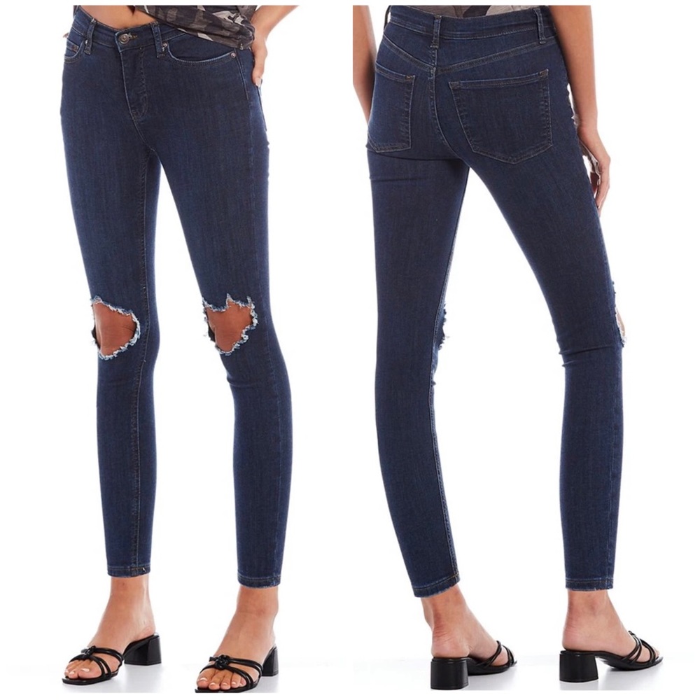 Free People Busted Knee High Waisted Darkwash Skinny Jeans